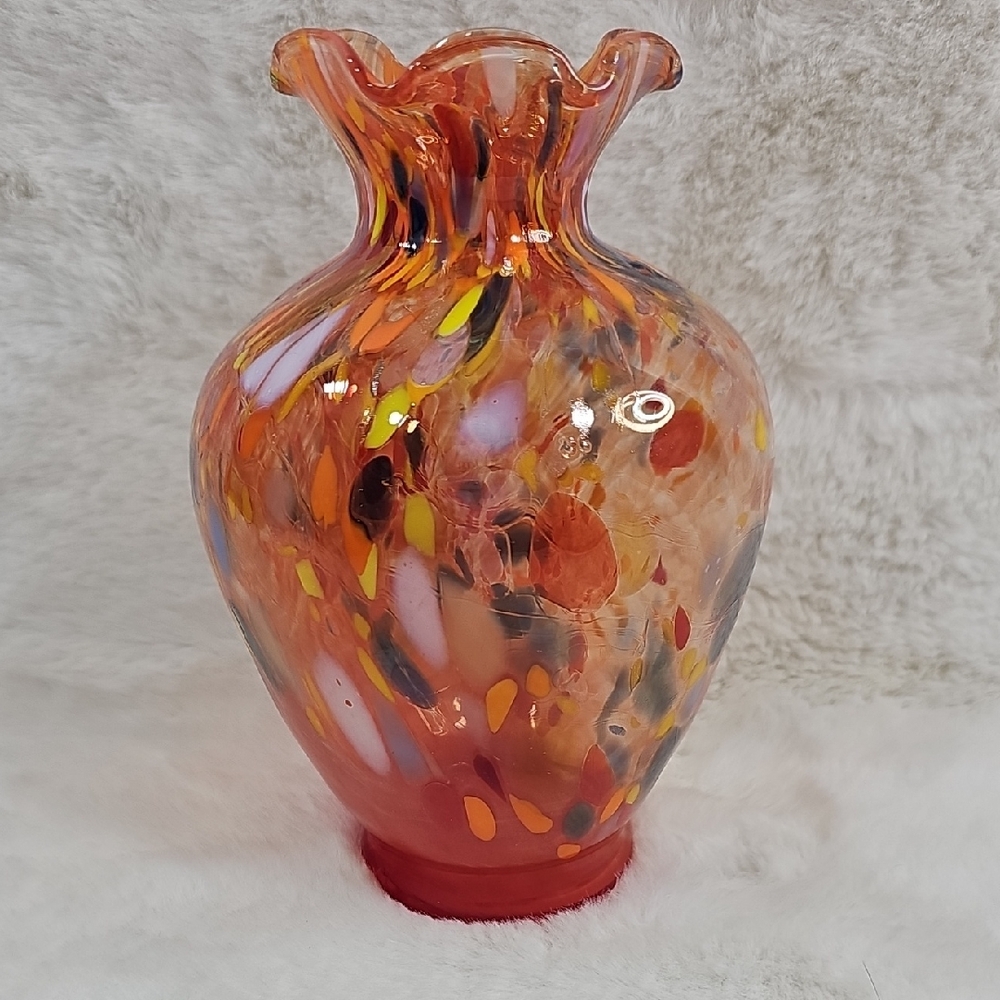 Decorative Hand blown Orange Multicolor Splatter Art Glass Vase